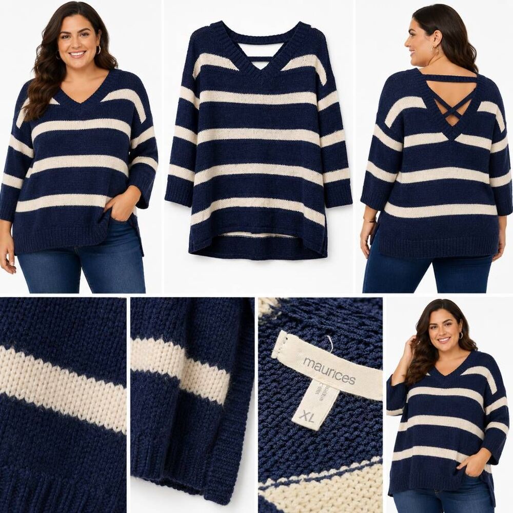 Maurices XL Navy Cream Stripe V Neck Sweater